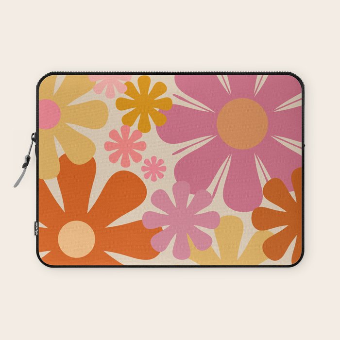 Retro 60s 70s Flowers Thulian Pink Orange Cream Pattern Laptop Sleeve Gallery Image 1