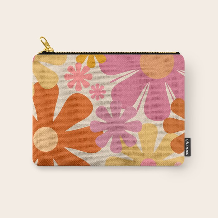 Retro 60s 70s Flowers Thulian Pink Orange Cream Pattern Carry All Pouch Gallery Image 1