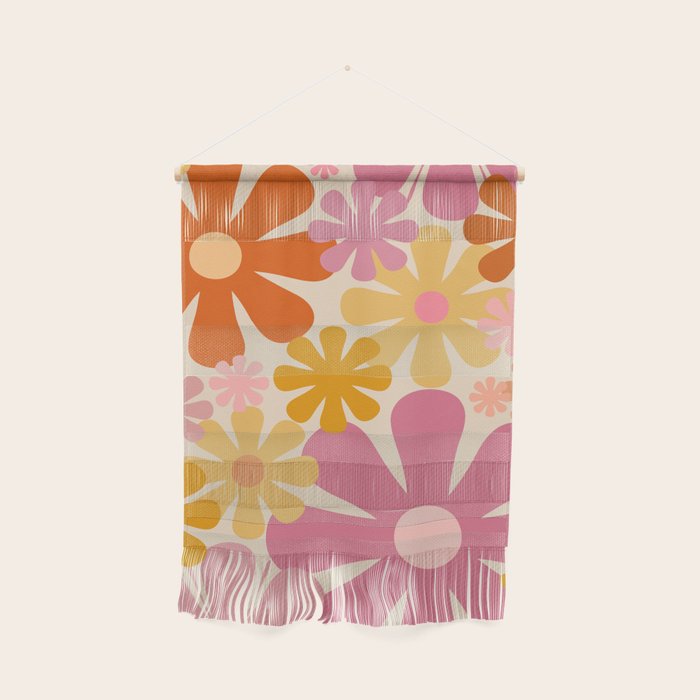 Retro 60s 70s Flowers Thulian Pink Orange Cream Pattern Wall Hanging Gallery Image 1