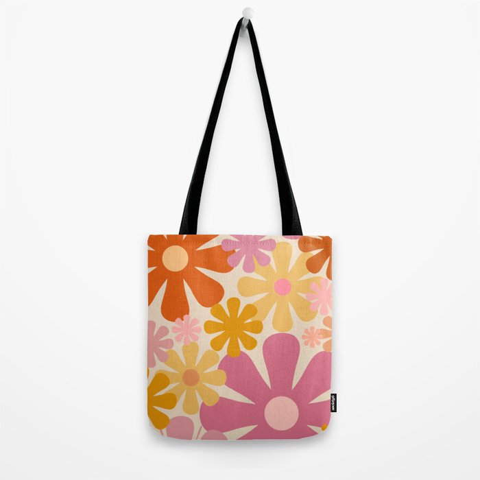 Retro 60s 70s Flowers Thulian Pink Orange Cream Pattern Tote Bag Gallery Image 2