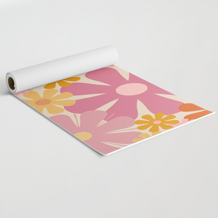 Retro 60s 70s Flowers Thulian Pink Orange Cream Pattern Yoga Mat Gallery Image 2