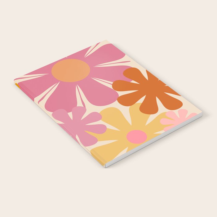 Retro 60s 70s Flowers Thulian Pink Orange Cream Pattern Notebook Gallery Image 1