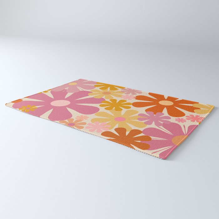 Retro 60s 70s Flowers Thulian Pink Orange Cream Pattern Rug Gallery Image 3