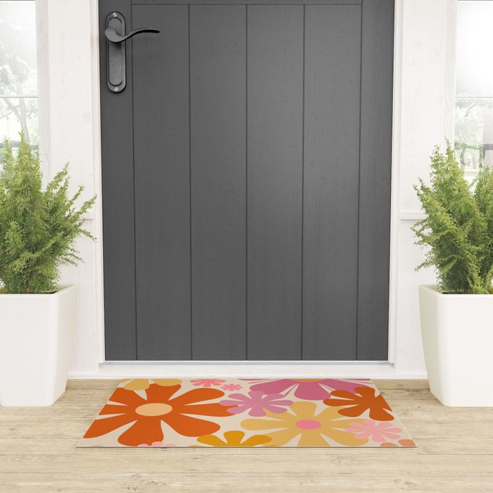 Retro 60s 70s Flowers Thulian Pink Orange Cream Pattern Welcome Mat Gallery Image 3