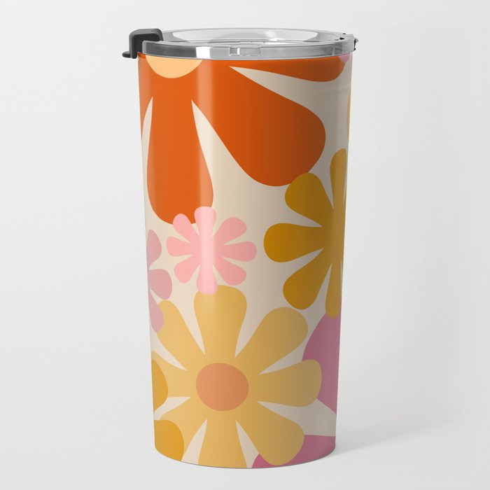 Retro 60s 70s Flowers Thulian Pink Orange Cream Pattern Travel Mug Gallery Image 3