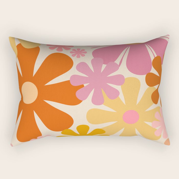 Retro 60s 70s Flowers Thulian Pink Orange Cream Pattern Rectangular Pillow Gallery Image 2