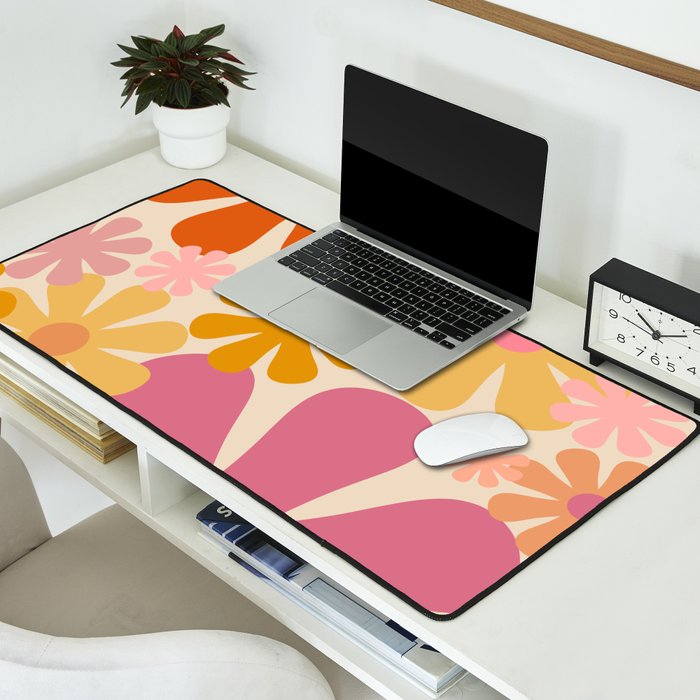 Retro 60s 70s Flowers Thulian Pink Orange Cream Pattern Desk Mat Gallery Image 2