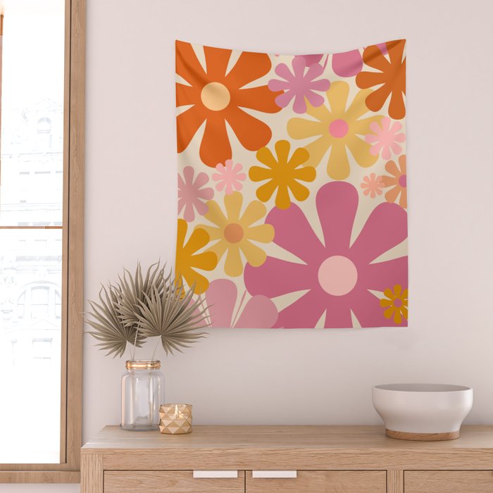 Retro 60s 70s Flowers Thulian Pink Orange Cream Pattern Wall Tapestry Gallery Image 2