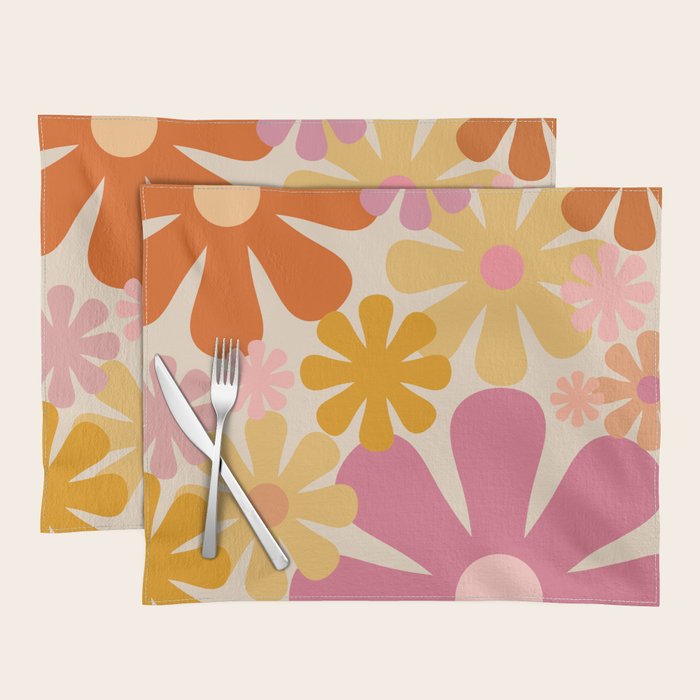 Retro 60s 70s Flowers Thulian Pink Orange Cream Pattern Placemat Gallery Image 1