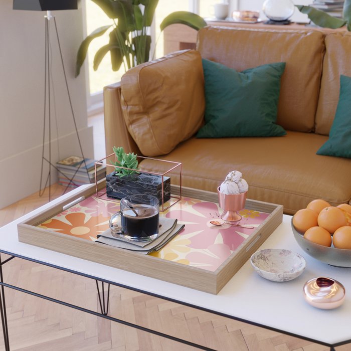 Retro 60s 70s Flowers Thulian Pink Orange Cream Pattern Serving Tray Gallery Image 2