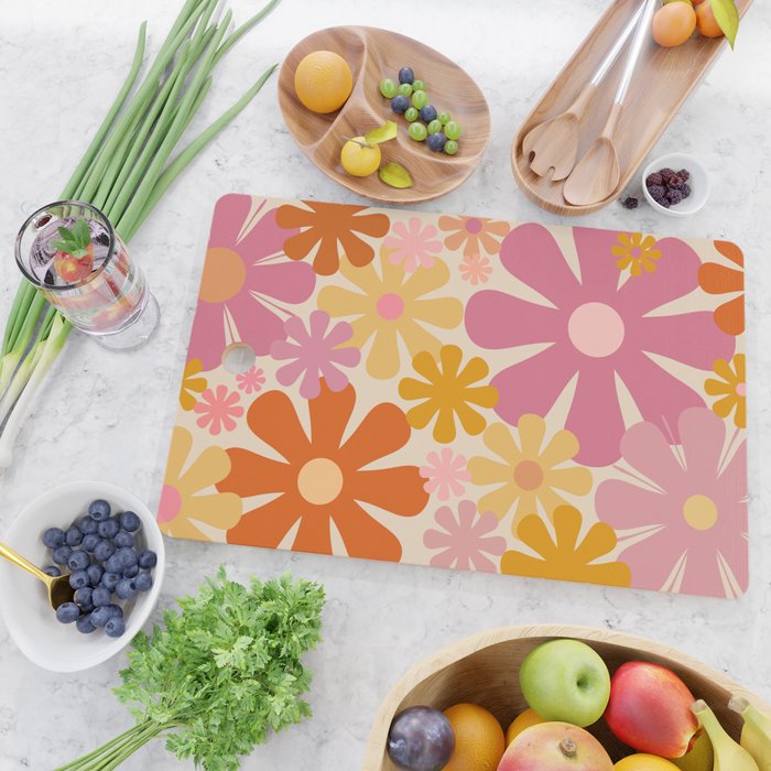 Retro 60s 70s Flowers Thulian Pink Orange Cream Pattern Cutting Board Gallery Image 2