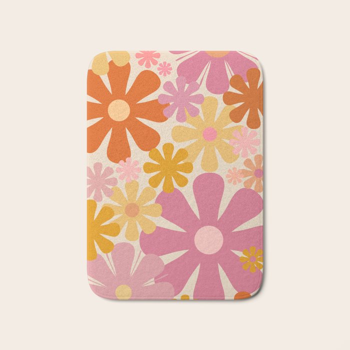 Retro 60s 70s Flowers Thulian Pink Orange Cream Pattern Bath Mat Gallery Image 1