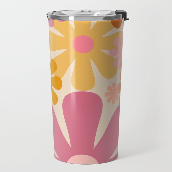 Retro 60s 70s Flowers Thulian Pink Orange Cream Pattern Travel Mug Gallery Image 2