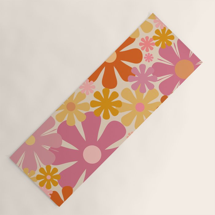 Retro 60s 70s Flowers Thulian Pink Orange Cream Pattern Yoga Mat Gallery Image 1