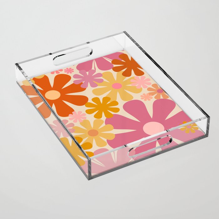 Retro 60s 70s Flowers Thulian Pink Orange Cream Pattern Acrylic Tray Gallery Image 1