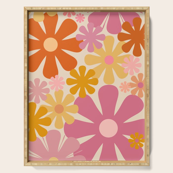 Retro 60s 70s Flowers Thulian Pink Orange Cream Pattern Serving Tray Gallery Image 1