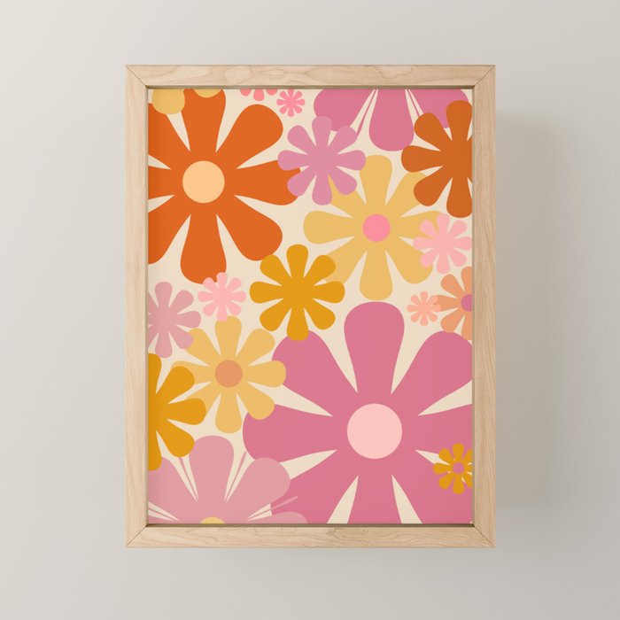 Retro 60s 70s Flowers Thulian Pink Orange Cream Pattern Mini Art Print Gallery Image 1