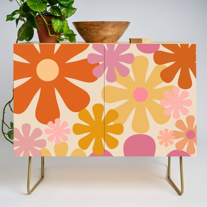 Retro 60s 70s Flowers Thulian Pink Orange Cream Pattern Credenza Gallery Image 1