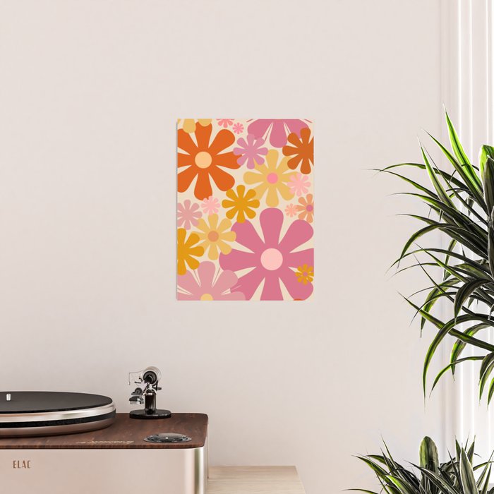 Retro 60s 70s Flowers Thulian Pink Orange Cream Pattern Poster Gallery Image 2