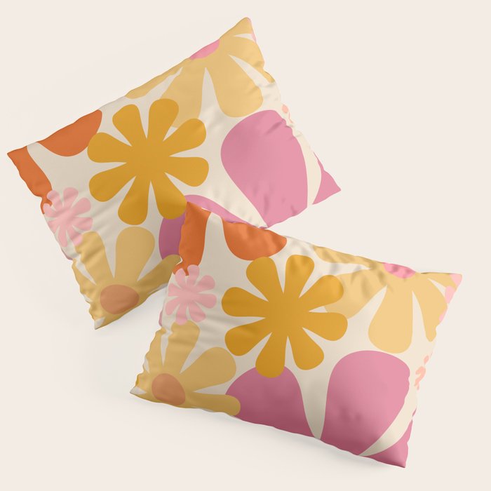 Retro 60s 70s Flowers Thulian Pink Orange Cream Pattern Pillow Sham Gallery Image 1