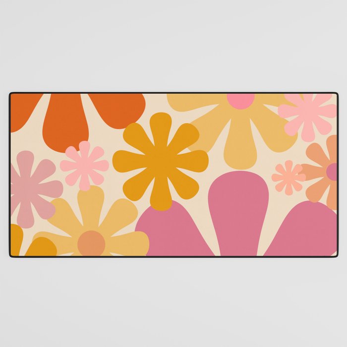 Retro 60s 70s Flowers Thulian Pink Orange Cream Pattern Desk Mat Gallery Image 3