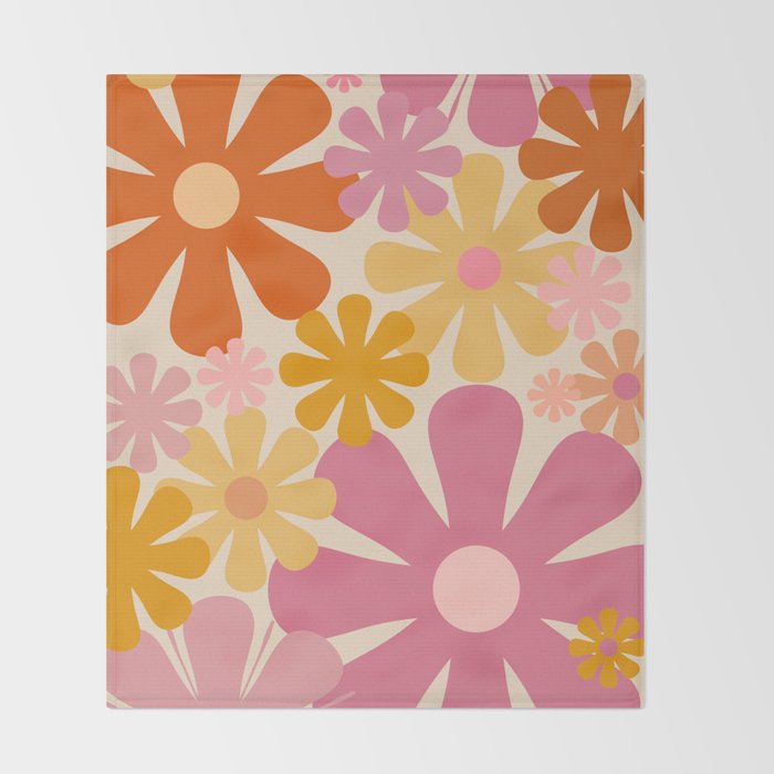 Retro 60s 70s Flowers Thulian Pink Orange Cream Pattern Throw Blanket Gallery Image 2