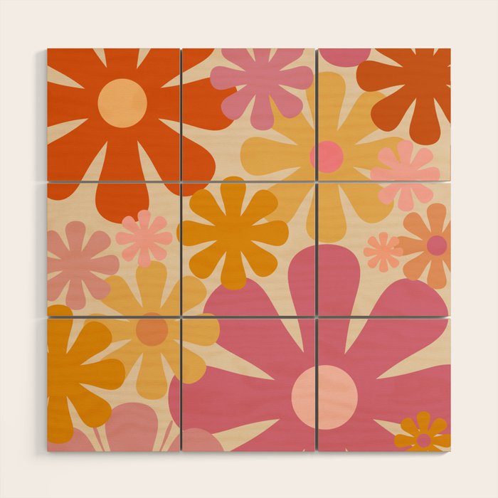 Retro 60s 70s Flowers Thulian Pink Orange Cream Pattern Wood Wall Art Gallery Image 1