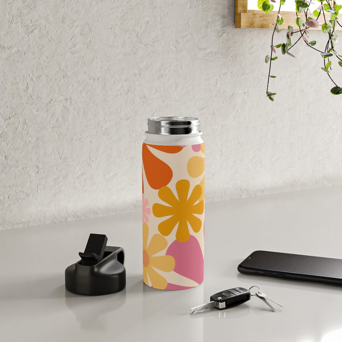 Retro 60s 70s Flowers Thulian Pink Orange Cream Pattern Water Bottle Gallery Image 4