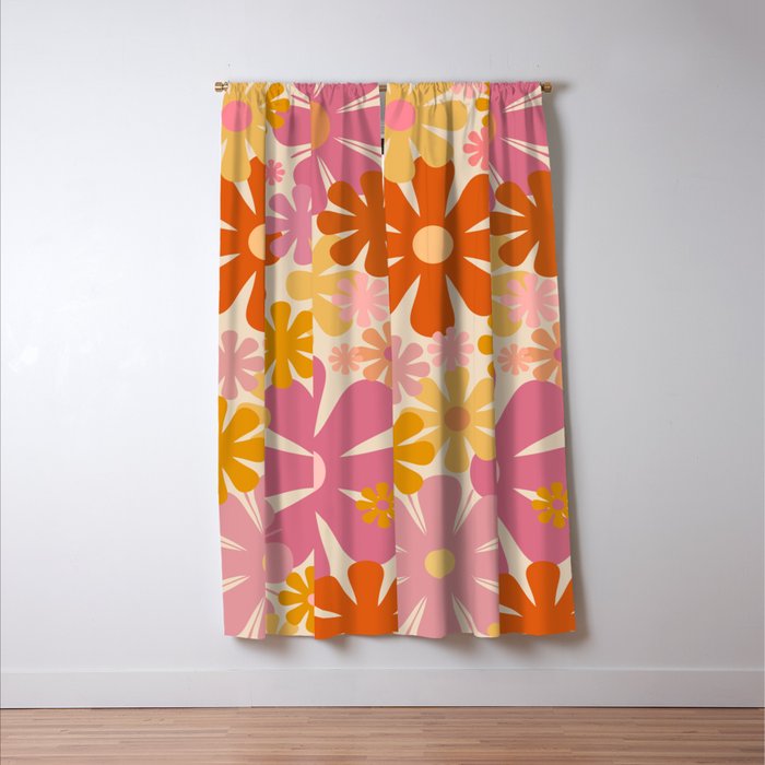Retro 60s 70s Flowers Thulian Pink Orange Cream Pattern Window Curtain Gallery Image 3