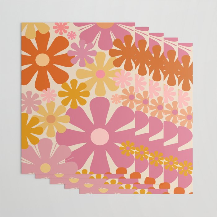 Retro 60s 70s Flowers Thulian Pink Orange Cream Pattern Wrapping Paper Gallery Image 3
