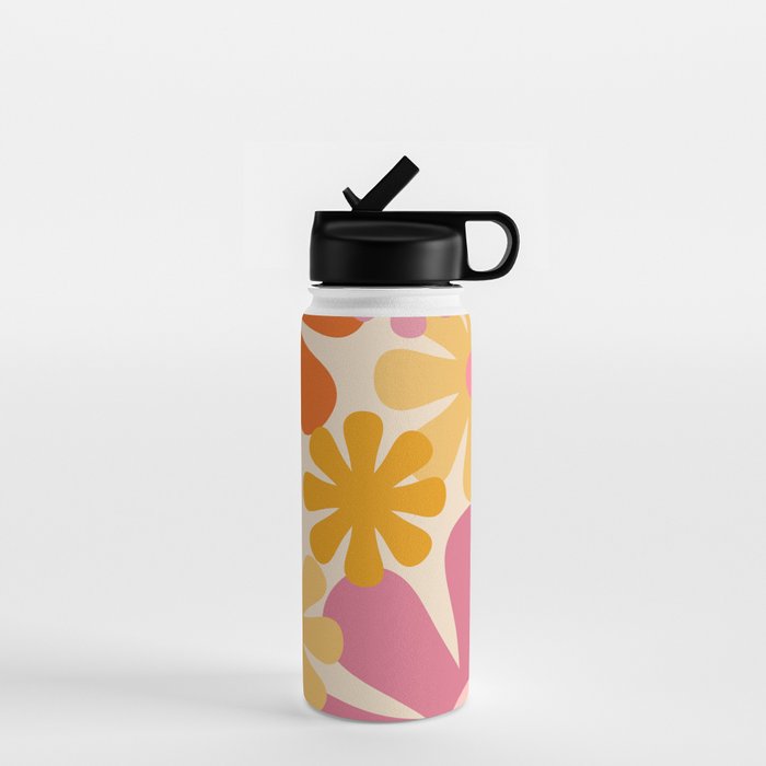 Retro 60s 70s Flowers Thulian Pink Orange Cream Pattern Water Bottle Gallery Image 1