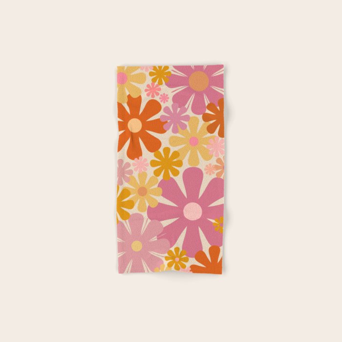 Retro 60s 70s Flowers Thulian Pink Orange Cream Pattern Bath Towel Gallery Image 1