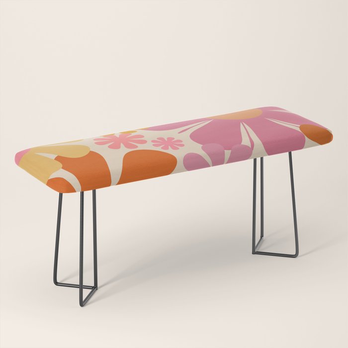 Retro 60s 70s Flowers Thulian Pink Orange Cream Pattern Bench Gallery Image 1