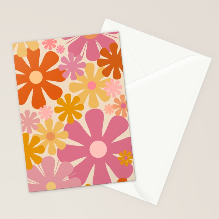 Retro 60s 70s Flowers Thulian Pink Orange Cream Pattern Stationery Card Gallery Image 2