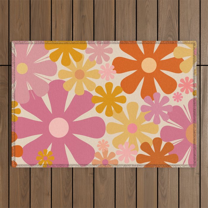 Retro 60s 70s Flowers Thulian Pink Orange Cream Pattern Outdoor Rug Gallery Image 1