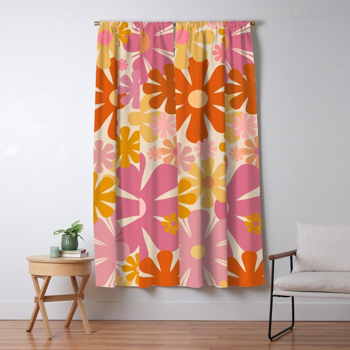 Retro 60s 70s Flowers Thulian Pink Orange Cream Pattern Window Curtain Gallery Image 5