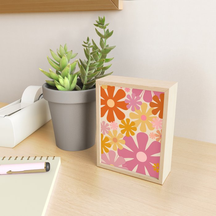 Retro 60s 70s Flowers Thulian Pink Orange Cream Pattern Mini Art Print Gallery Image 2