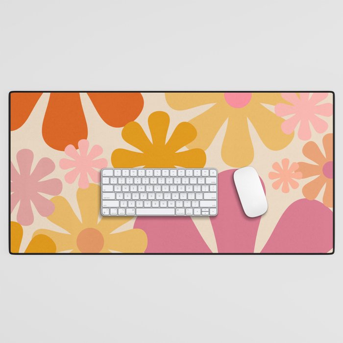 Retro 60s 70s Flowers Thulian Pink Orange Cream Pattern Desk Mat Gallery Image 1