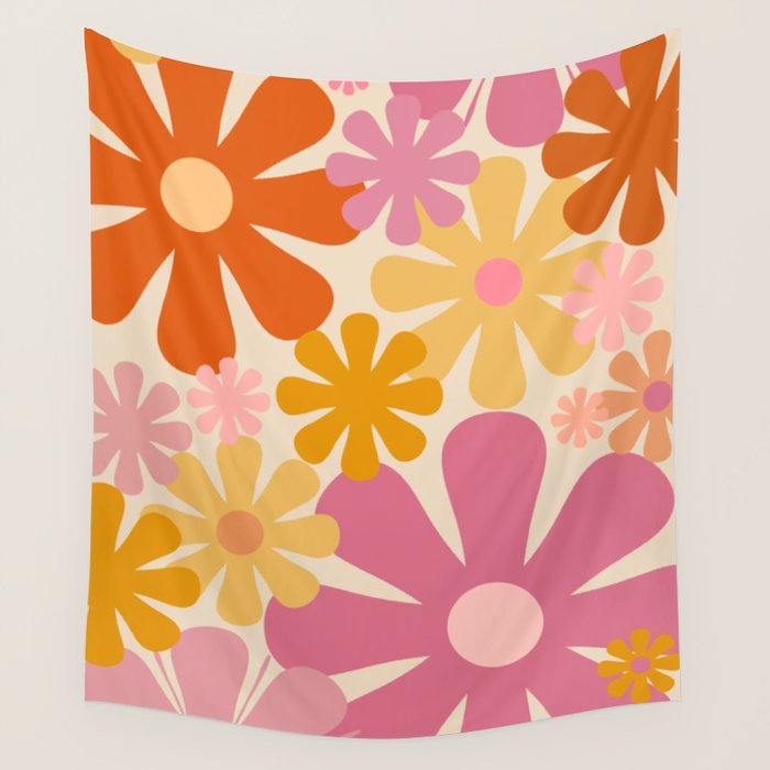 Retro 60s 70s Flowers Thulian Pink Orange Cream Pattern Wall Tapestry Gallery Image 4