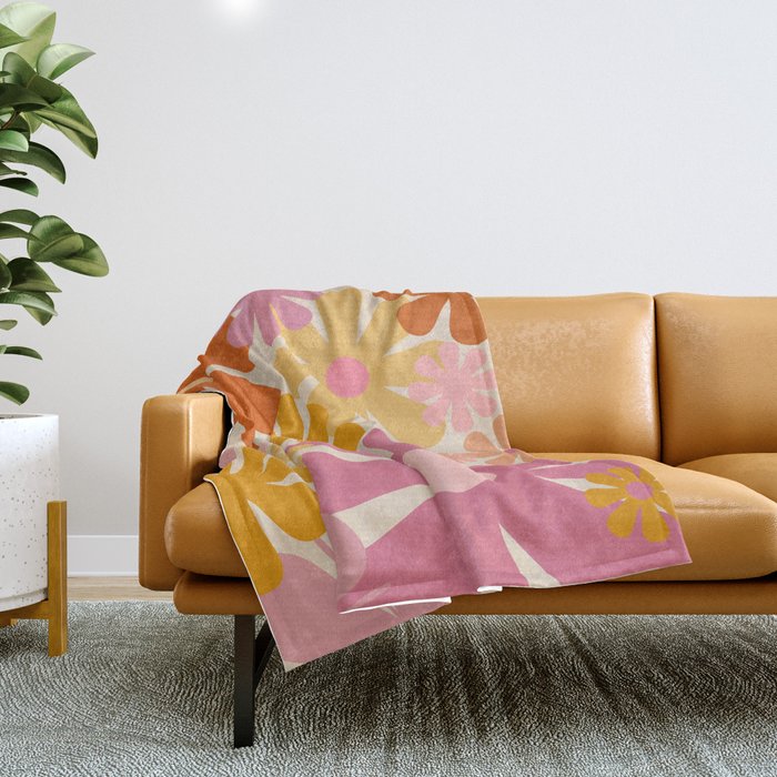 Retro 60s 70s Flowers Thulian Pink Orange Cream Pattern Throw Blanket Gallery Image 1
