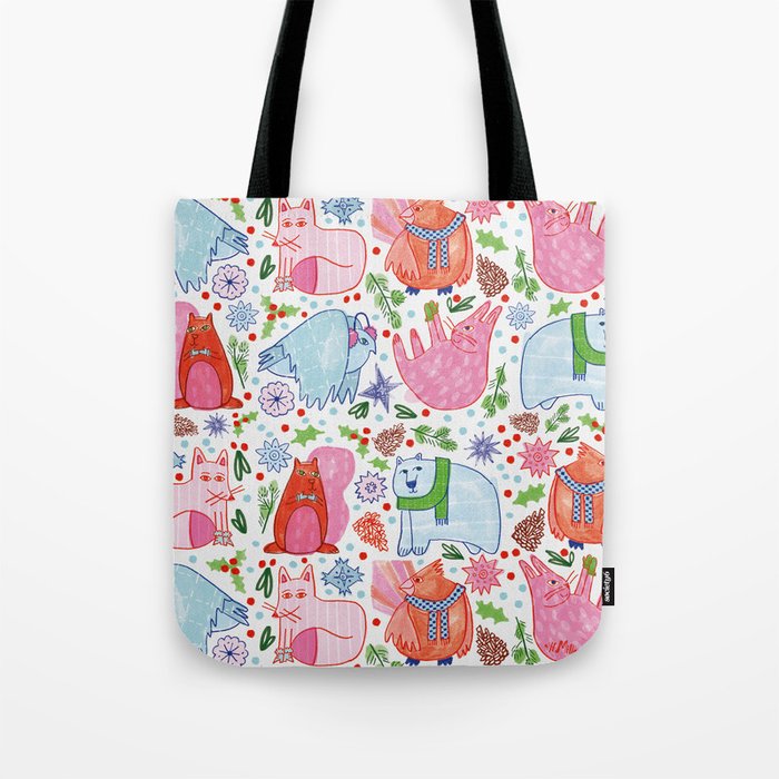 Winter Forest Woodland Animals in Pink & Blue Tote Bag Gallery Image 1