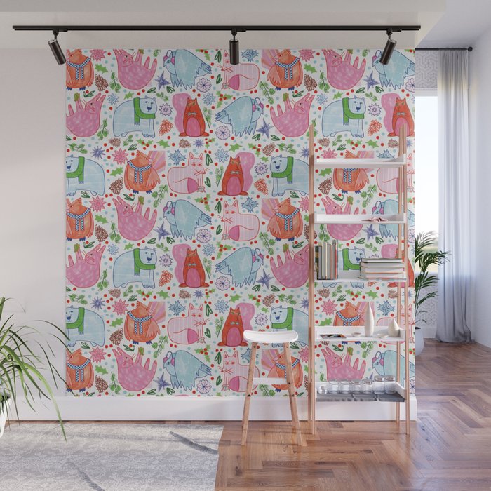 Winter Forest Woodland Animals in Pink & Blue Wall Mural Gallery Image 1