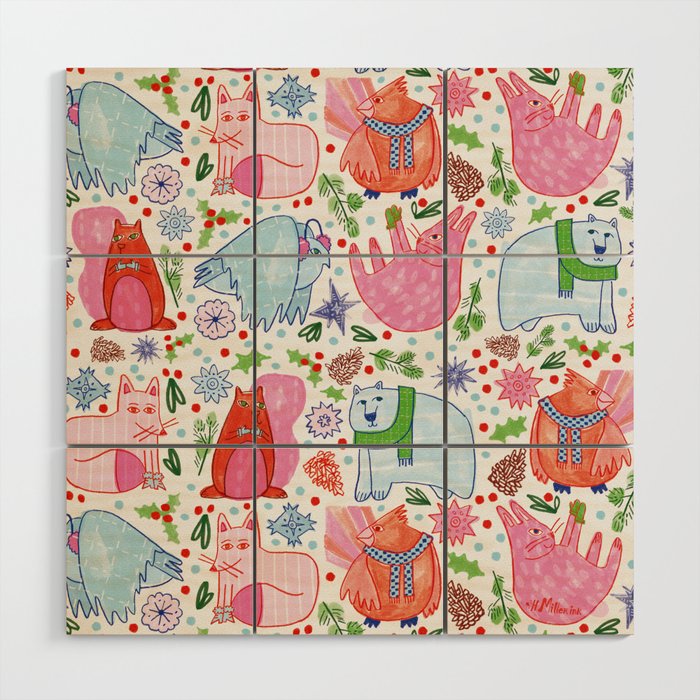 Winter Forest Woodland Animals in Pink & Blue Wood Wall Art Gallery Image 1