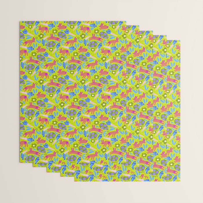 Happy Colorful Rabbits & Decorative Eggs in Chartreuse & Pink Wrapping Paper Gallery Image 3