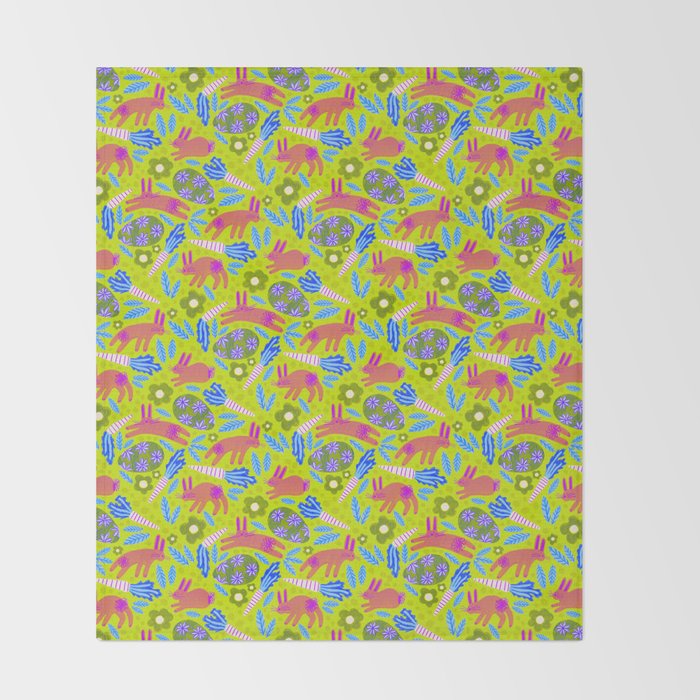 Happy Colorful Rabbits & Decorative Eggs in Chartreuse & Pink Throw Blanket Gallery Image 2
