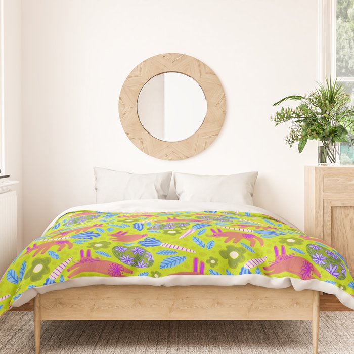 Happy Colorful Rabbits & Decorative Eggs in Chartreuse & Pink Duvet Cover Gallery Image 3