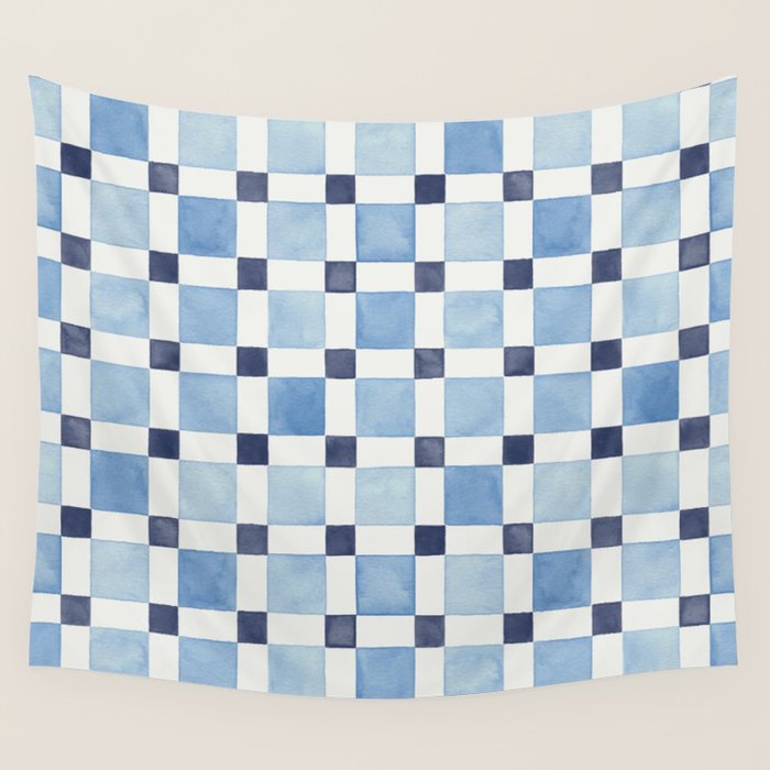 Mosaic plaids geometric pattern watercolor Soft blue Wall Tapestry Gallery Image 1