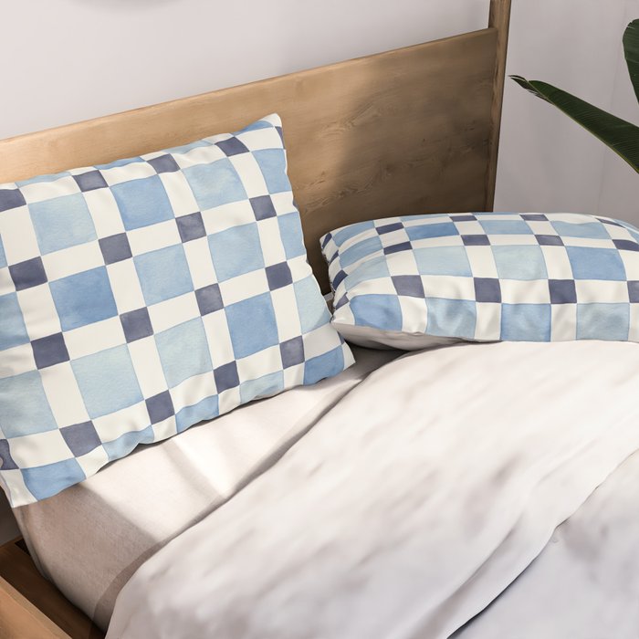 Mosaic plaids geometric pattern watercolor Soft blue Pillow Sham Gallery Image 2