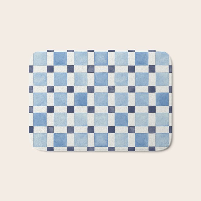 Mosaic plaids geometric pattern watercolor Soft blue Bath Mat Gallery Image 1