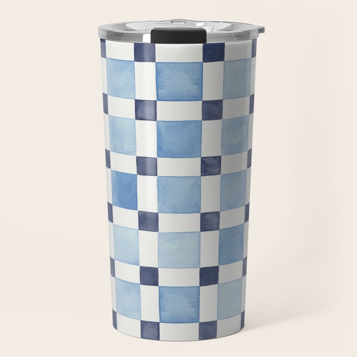 Mosaic plaids geometric pattern watercolor Soft blue Travel Mug Gallery Image 1